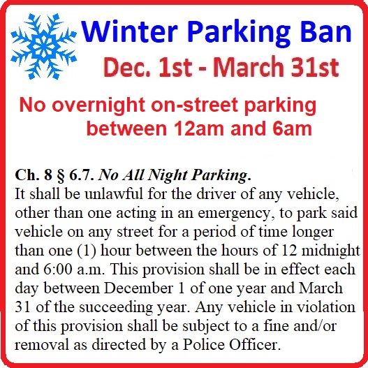 Winter parking ban no overnight on-street parking 12/1-3/31 12am-6pm